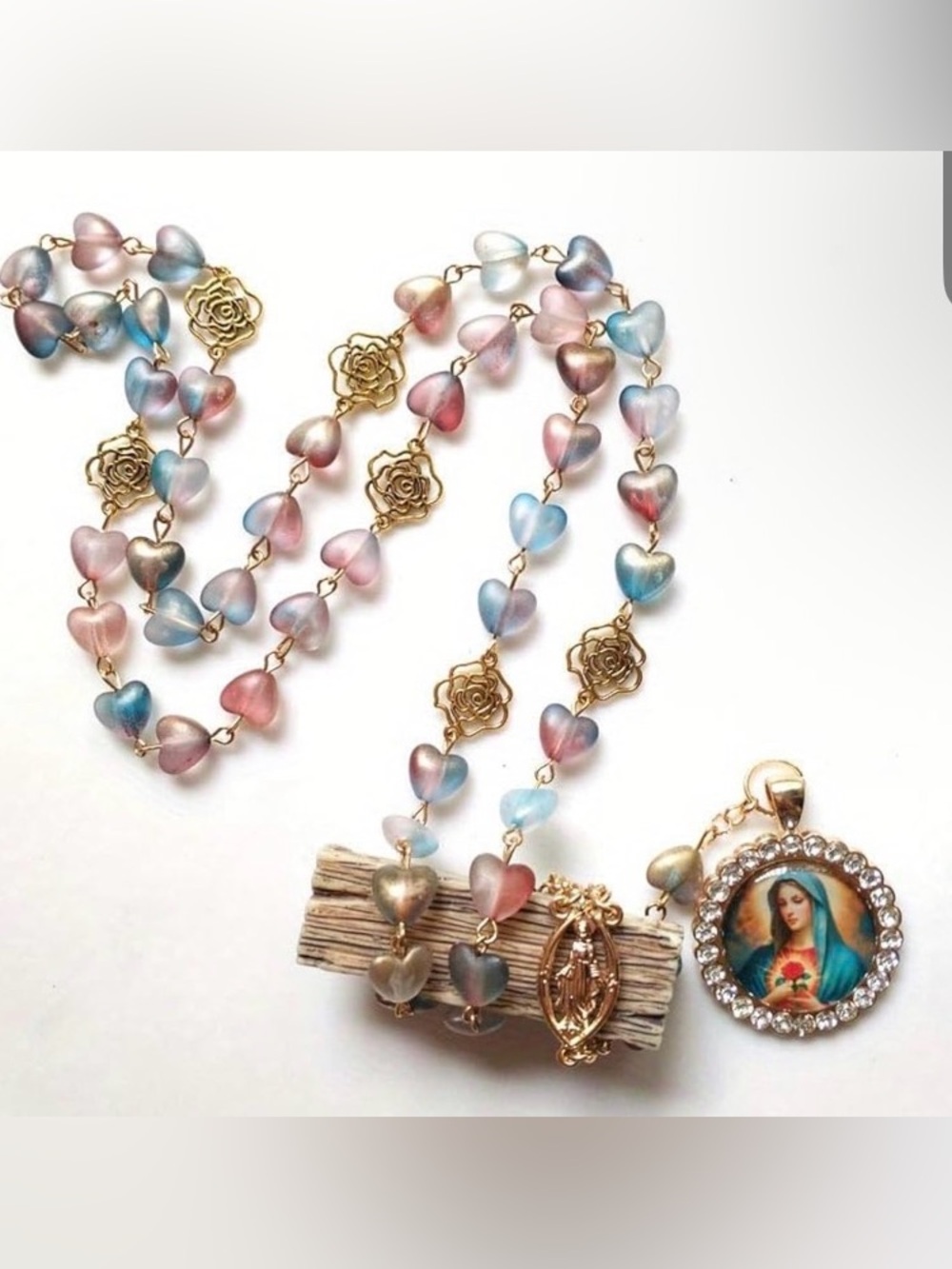 Pastel Heart Rosary Necklace w/ Gold Floral Accents and Virgin Mary Medallion.